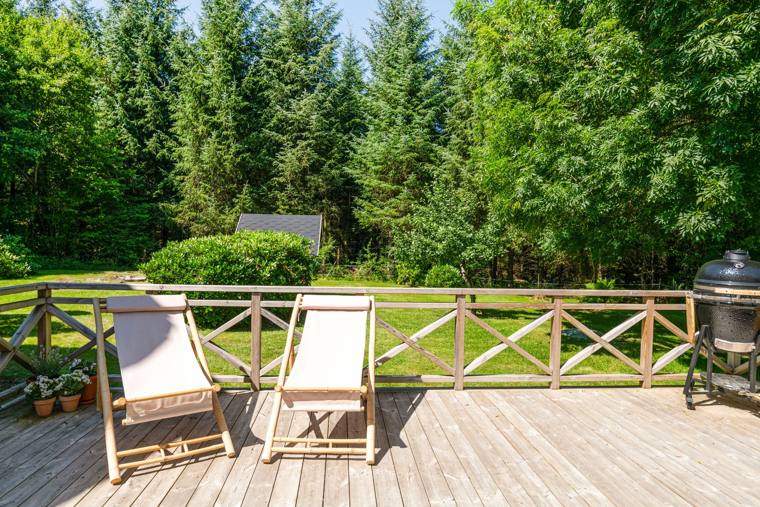 Terrassen med solstolar och granskogen bakom